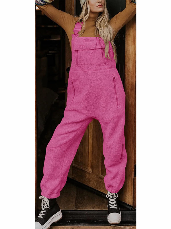 Women's Fleece Thermal Overalls With Zippered Pockets