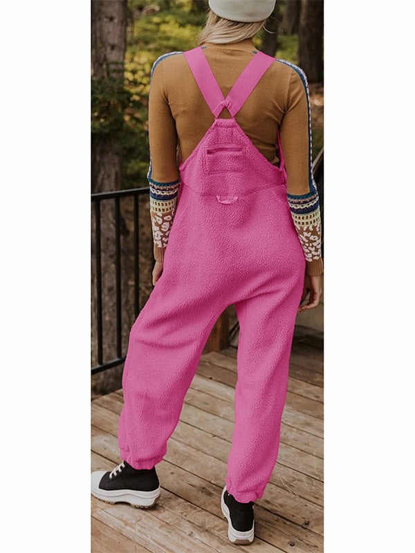 Women's Fleece Thermal Overalls With Zippered Pockets