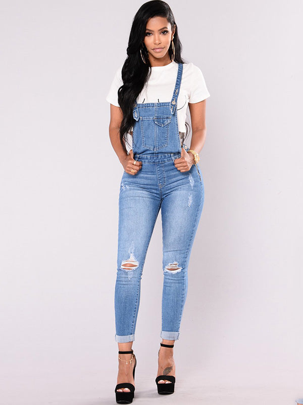 Skinny Distressed Denim Overalls