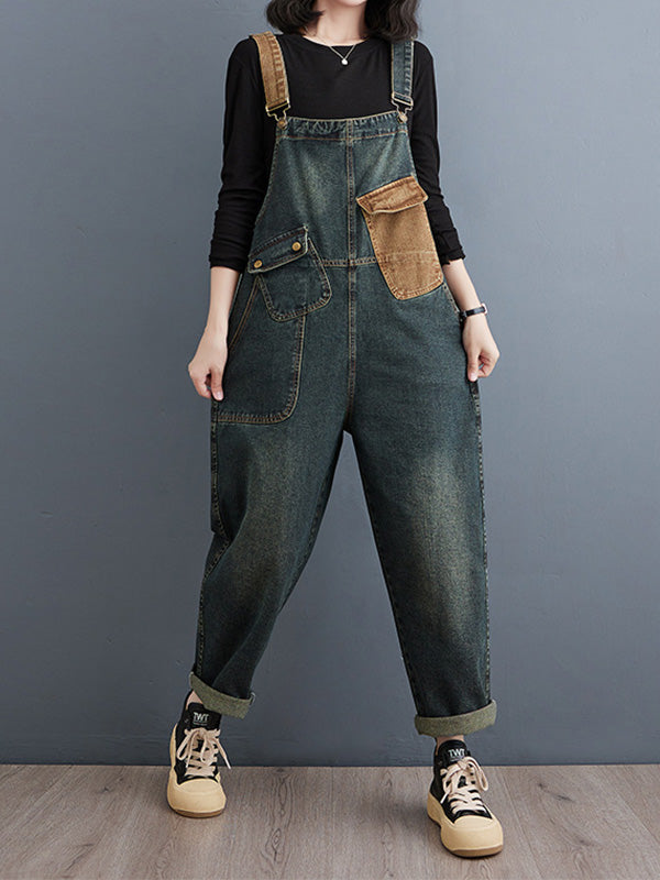 Women's Contrast Washed Denim Overalls