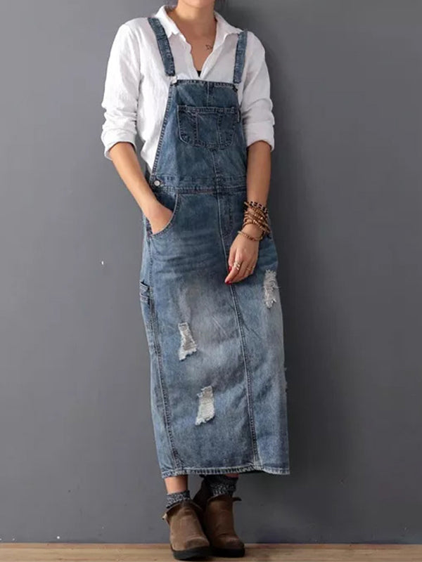 Back Slit Distressed Denim Overalls Dress