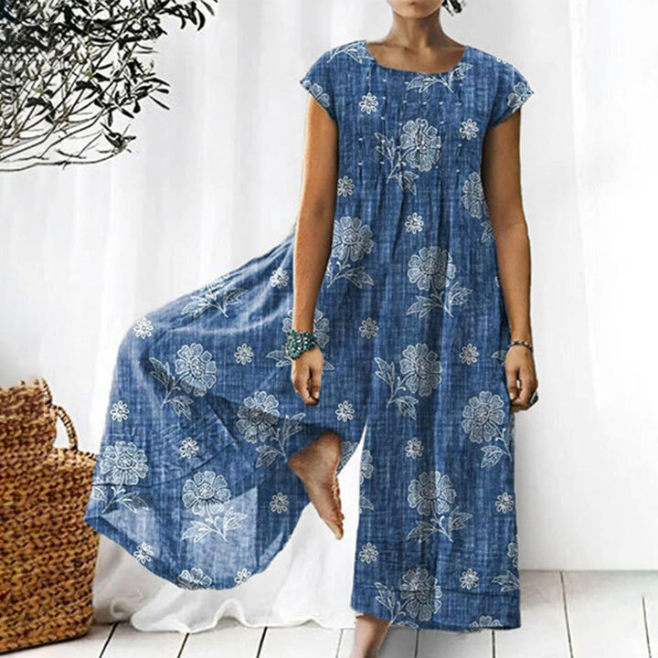 Chic Blue Floral Print Wide Leg Jumpsuit