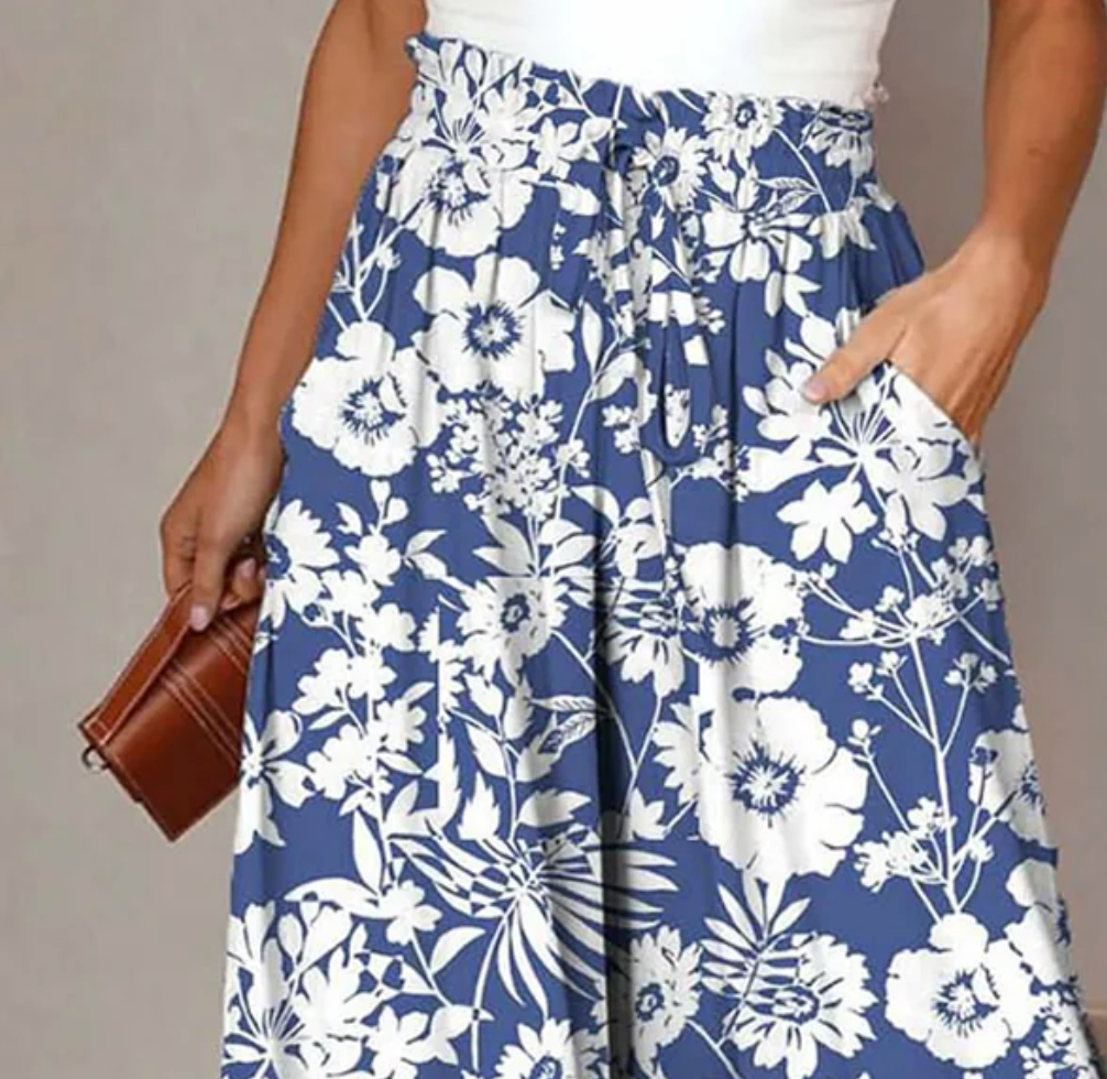 Fresh Blue Floral Print Elastic Waist Pants