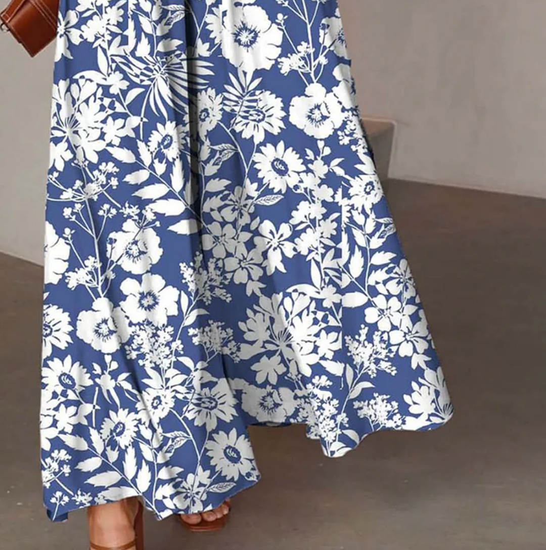 Fresh Blue Floral Print Elastic Waist Pants