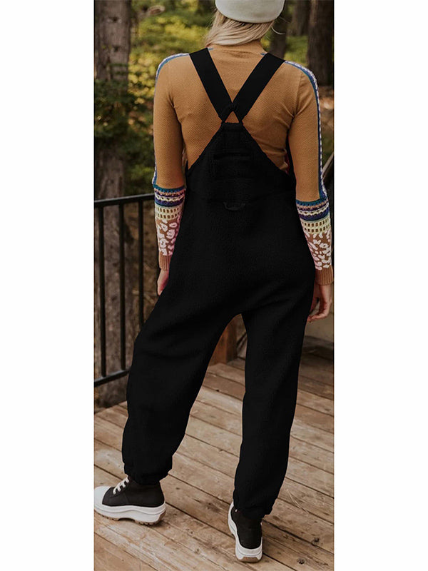 Women's Fleece Thermal Overalls With Zippered Pockets