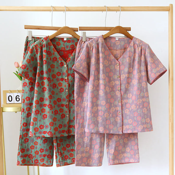 Atlas™ Plum Flower V-neck Cotton Loungewear Set | Light & Breathable Comfort