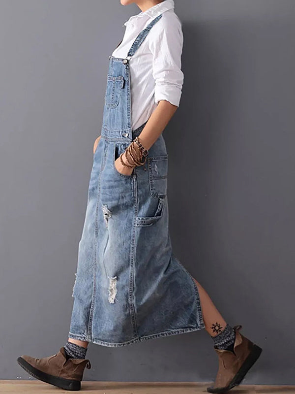 Back Slit Distressed Denim Overalls Dress