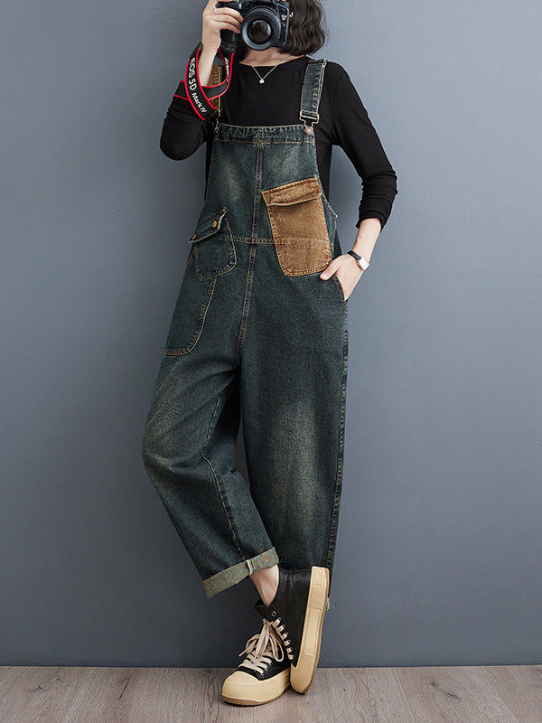 Women's Contrast Washed Denim Overalls