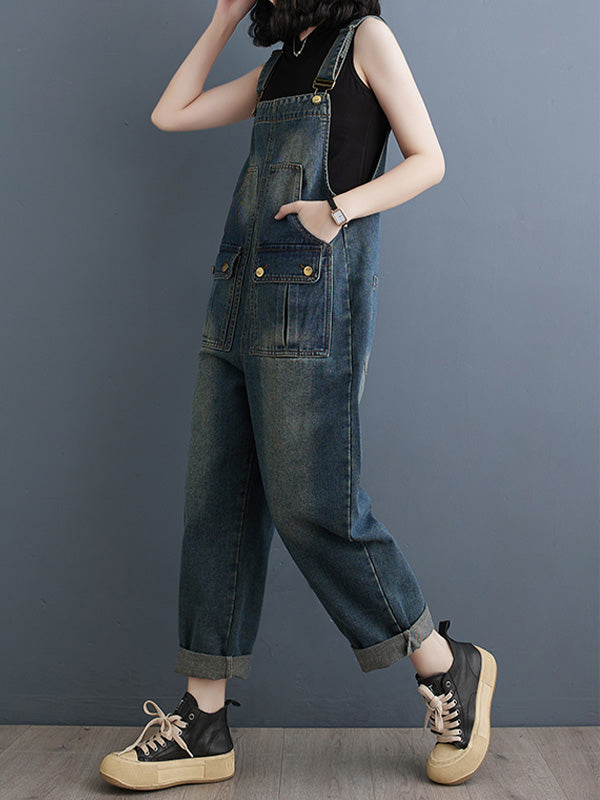 Washed Relaxed Fit Cropped Denim Overalls with Front Button Pockets