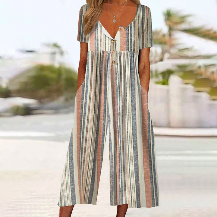 Retro Striped Short Sleeve Jumpsuit