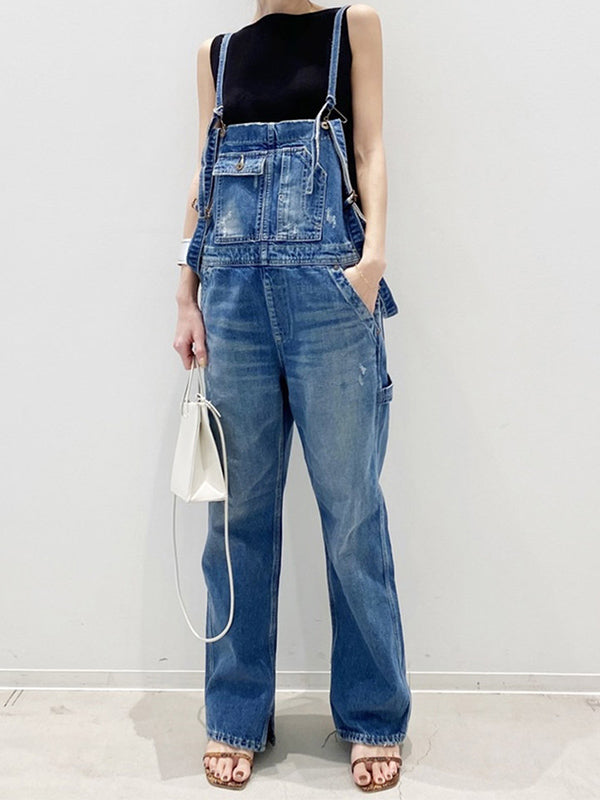 Double-Strap Denim Overalls with Side Bottom Splits