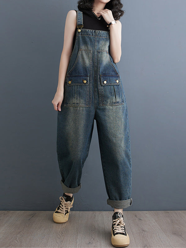 Washed Relaxed Fit Cropped Denim Overalls with Front Button Pockets