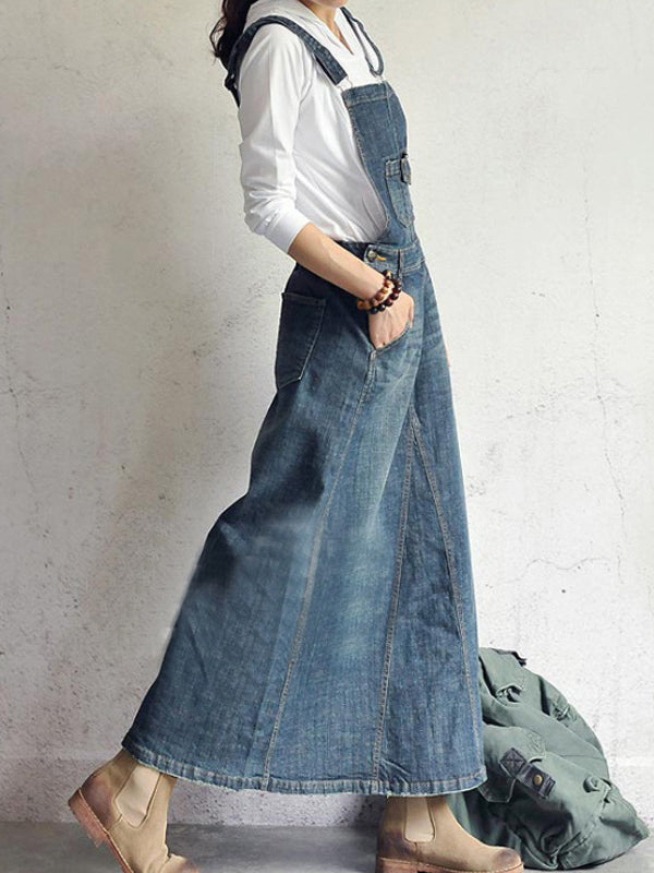 Causal Vintage-Inspired Back Slit Denim Overall Dress