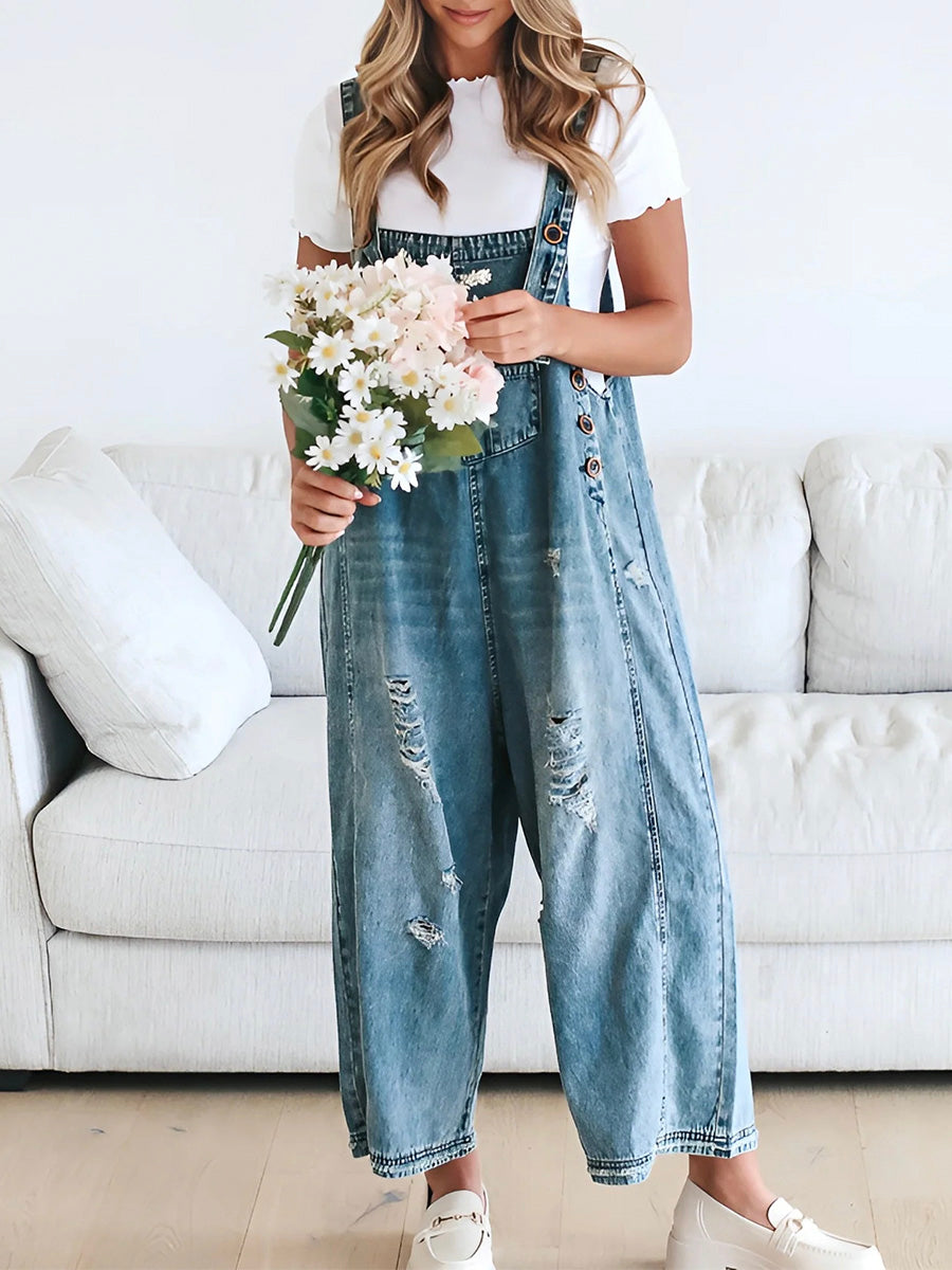 Loose Fit Distressed Denim Overalls