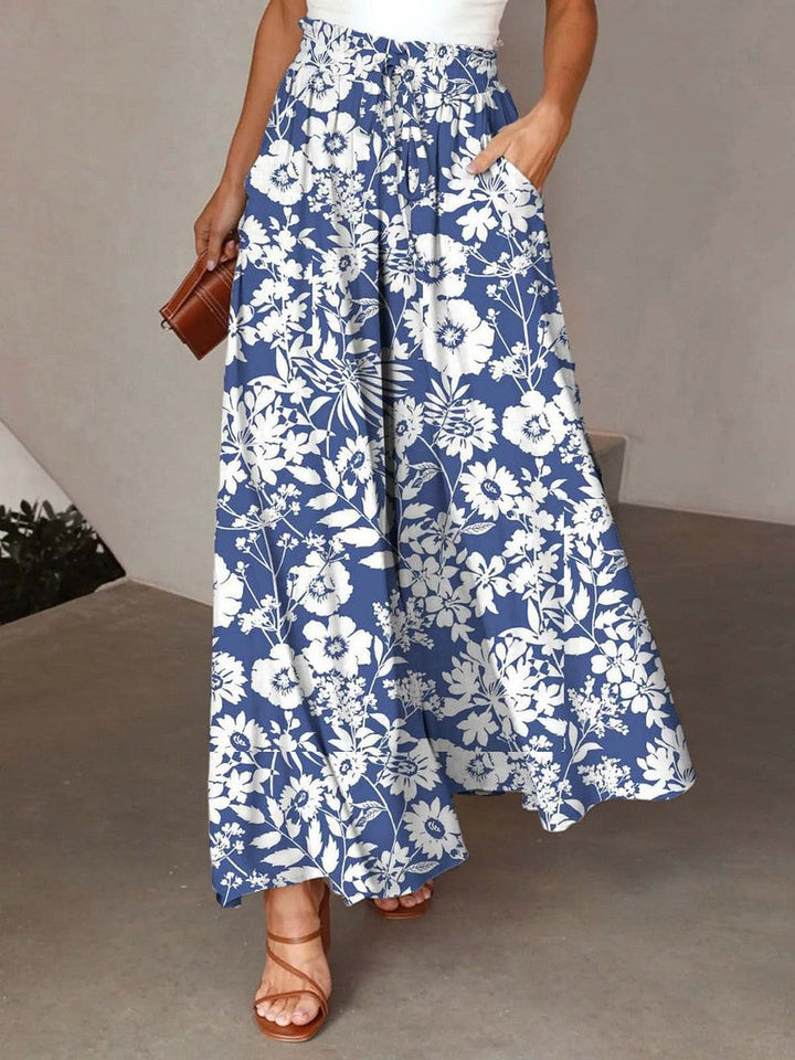 Fresh Blue Floral Print Elastic Waist Pants