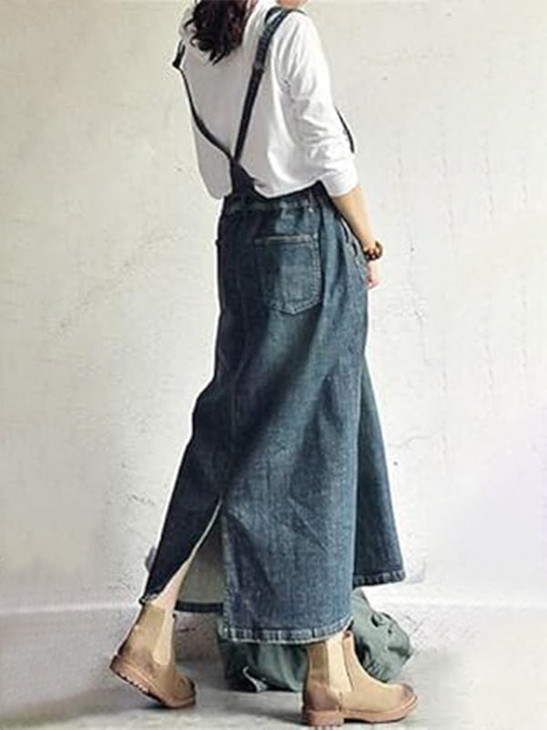 Causal Vintage-Inspired Back Slit Denim Overall Dress