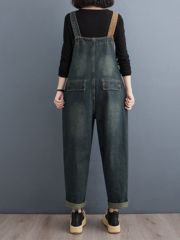 Women's Contrast Washed Denim Overalls