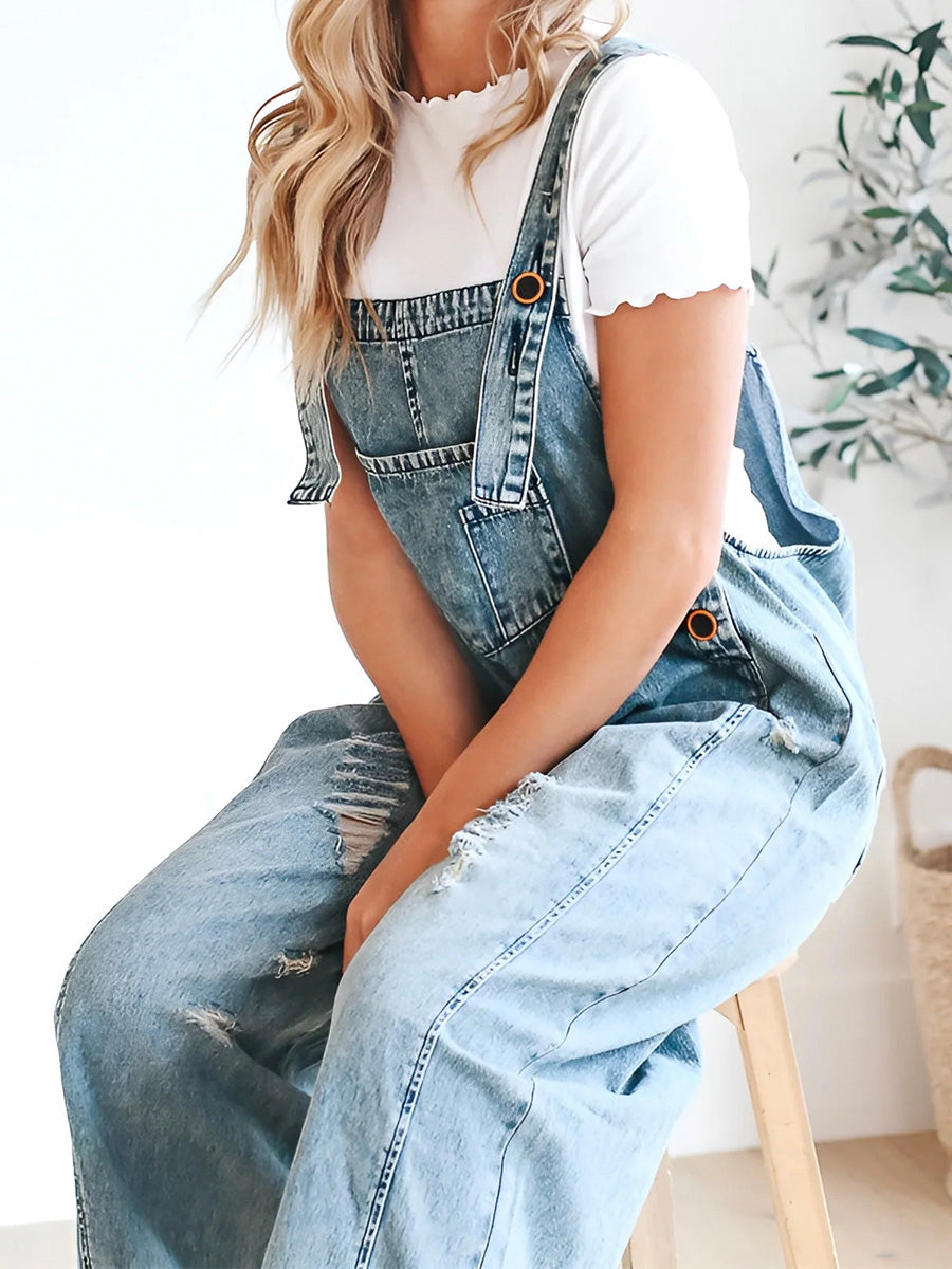 Loose Fit Distressed Denim Overalls