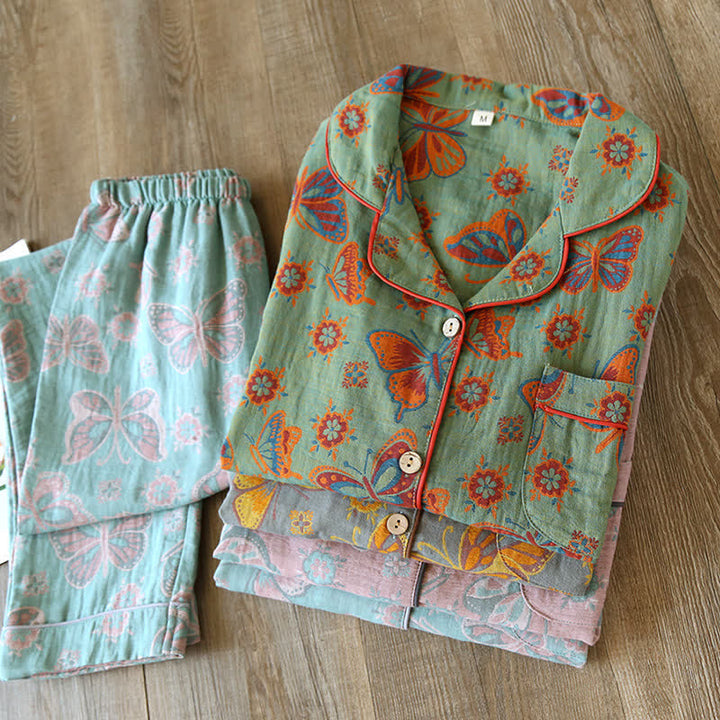 Atlas™ Vintage Butterfly Print Cotton Loungewear Set | Soft & Elegant