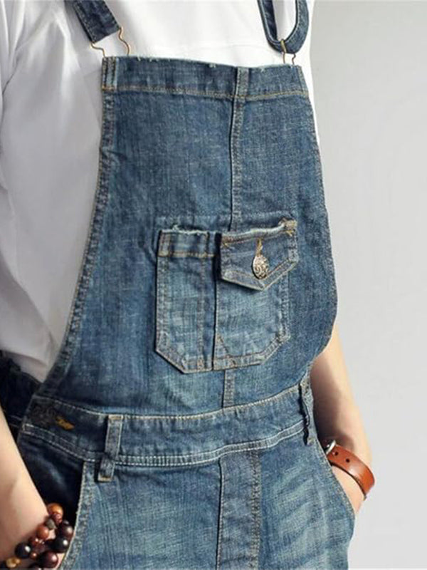 Causal Vintage-Inspired Back Slit Denim Overall Dress