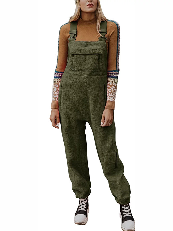 Women's Fleece Thermal Overalls With Zippered Pockets