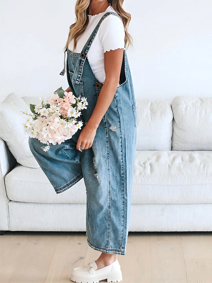 Loose Fit Distressed Denim Overalls