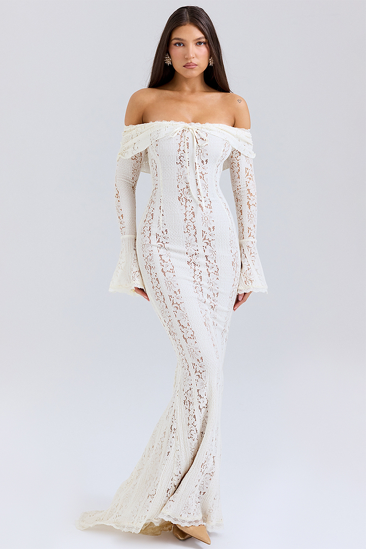 Flora | Lace Off Shoulder Flare Sleeve Fishtail Maxi Dresses