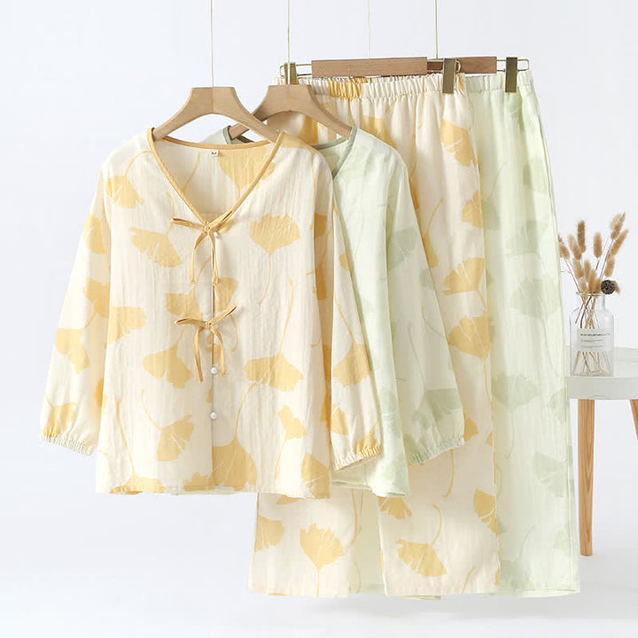 Atlas™ Ginkgo Leaf Bowknot Cotton Loungewear Set | Cute & Elegant