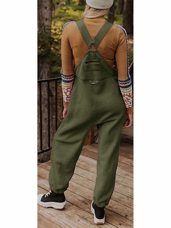 Women's Fleece Thermal Overalls With Zippered Pockets