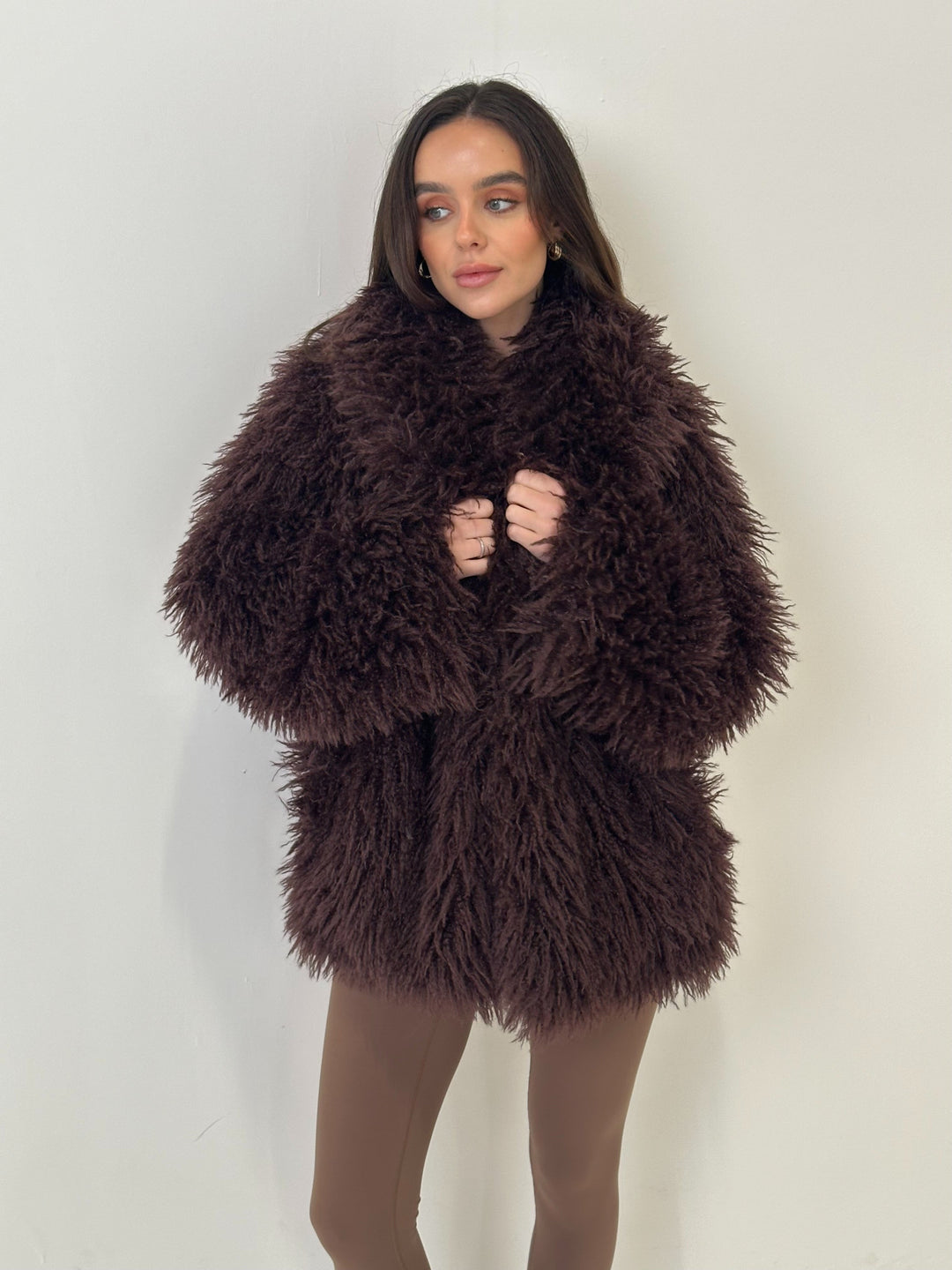 ARCTIC FAUX MONGOLIAN JACKET - CHOCOLATE