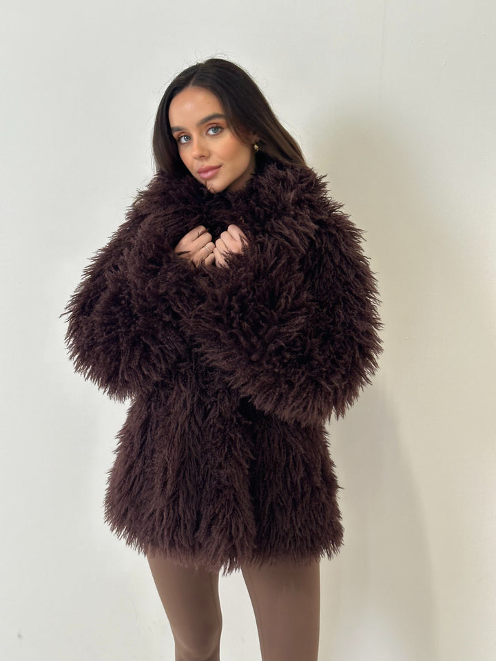 ARCTIC FAUX MONGOLIAN JACKET - CHOCOLATE