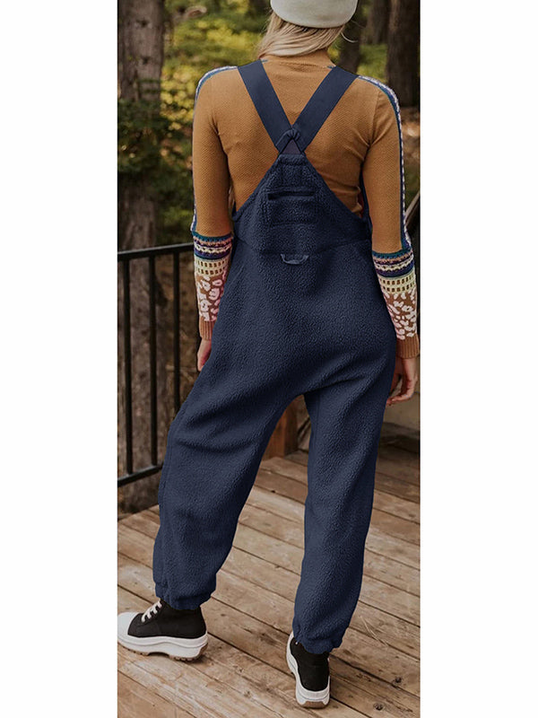 Women's Fleece Thermal Overalls With Zippered Pockets