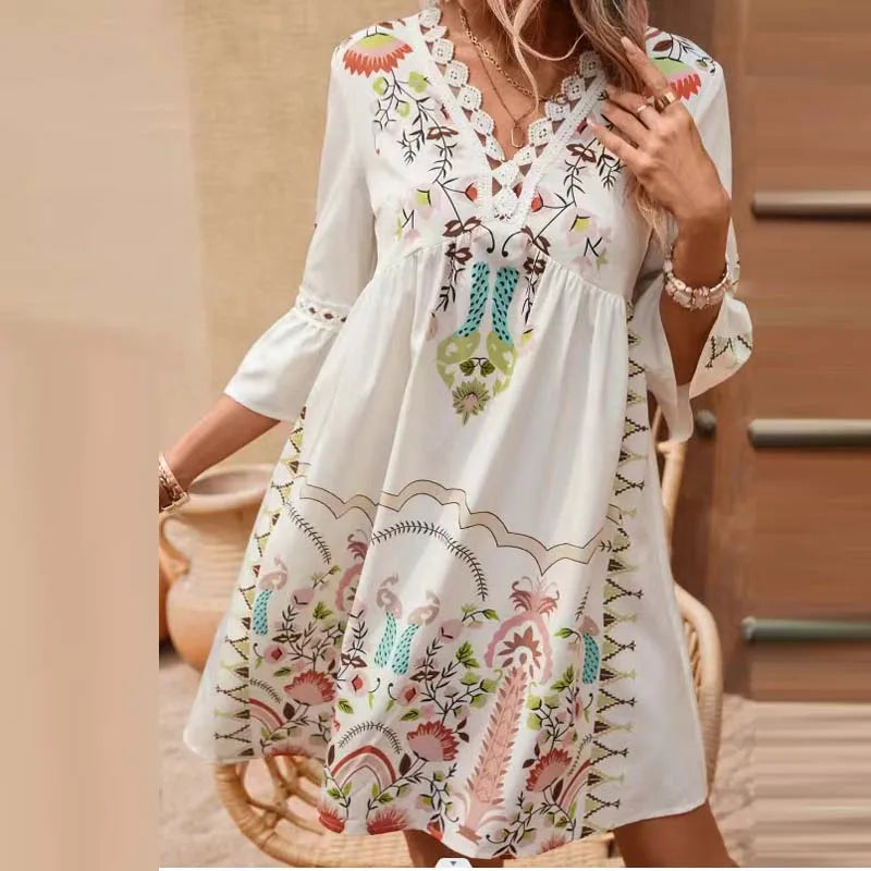 Celina™ | Boho Embroidered V-Neck Dress