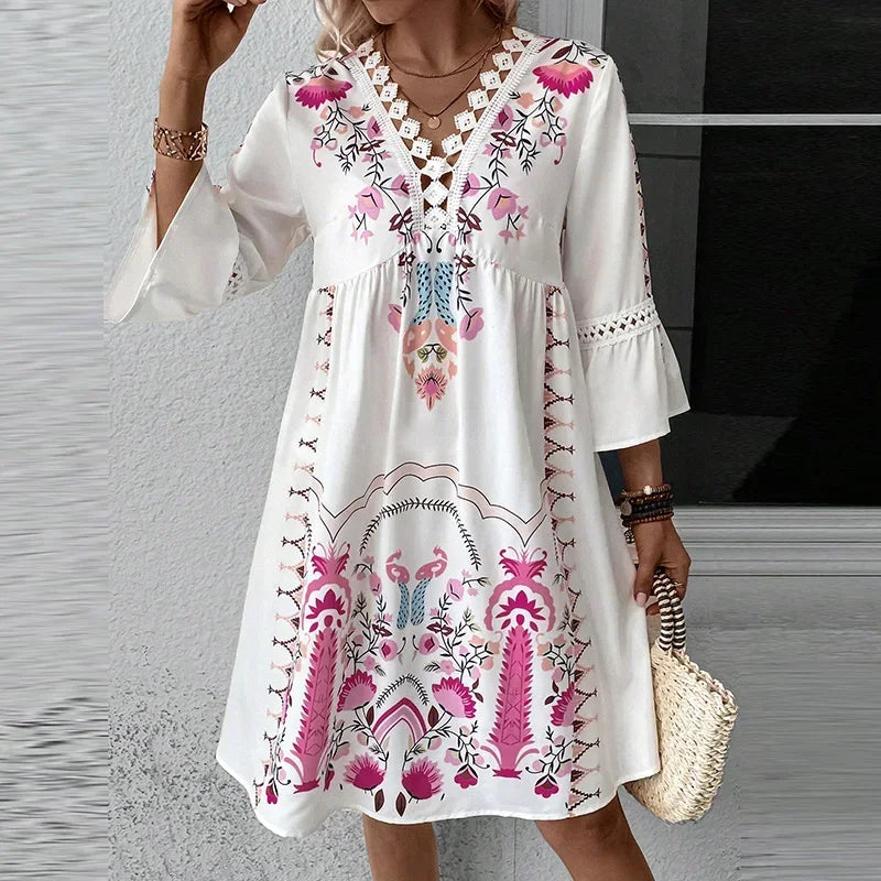 Celina™ | Boho Embroidered V-Neck Dress