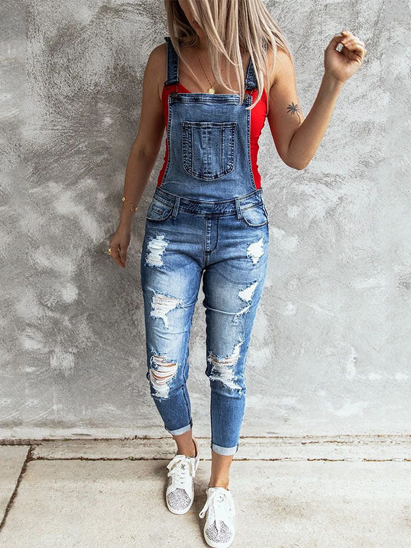 Women's Skinny Vintage-Inspired Distressed Denim Overalls