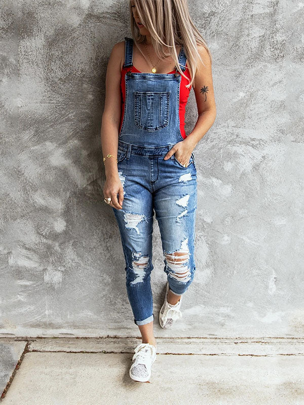 Women's Skinny Vintage-Inspired Distressed Denim Overalls