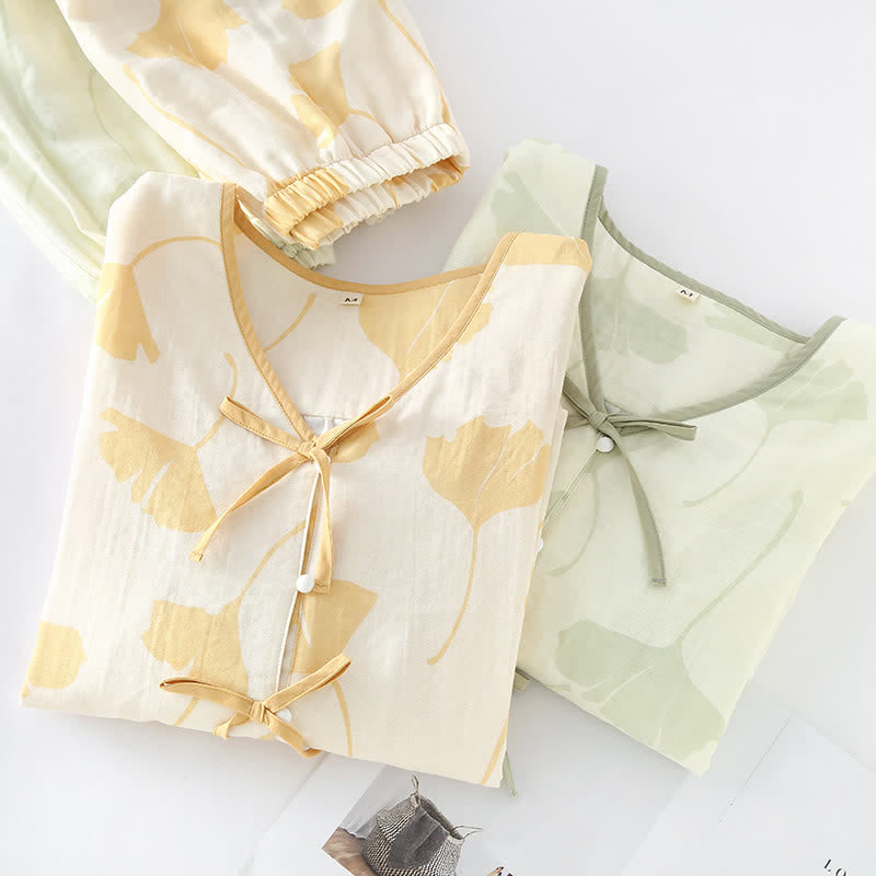 Atlas™ Ginkgo Leaf Bowknot Cotton Loungewear Set | Cute & Elegant