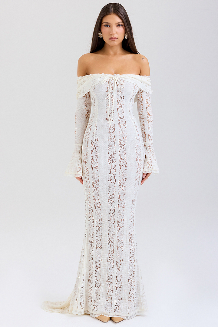 Flora | Lace Off Shoulder Flare Sleeve Fishtail Maxi Dresses