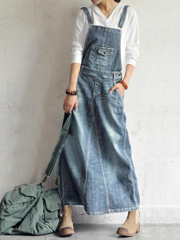 Causal Vintage-Inspired Back Slit Denim Overall Dress