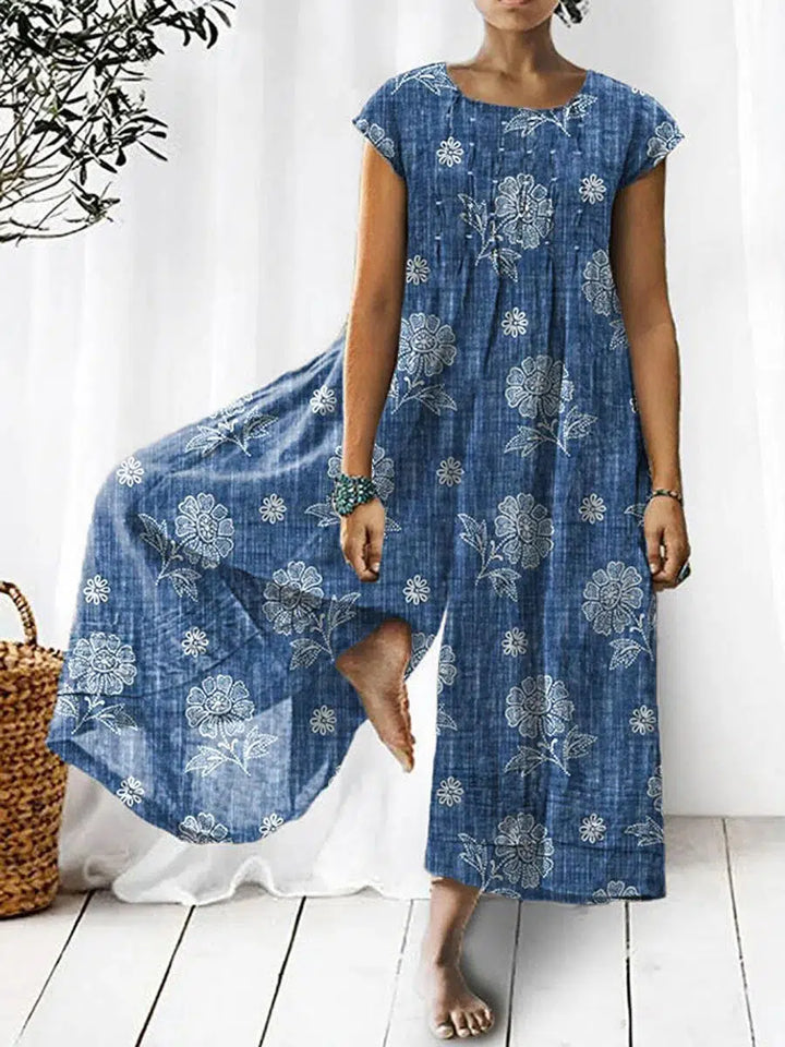 Chic Blue Floral Print Wide Leg Jumpsuit