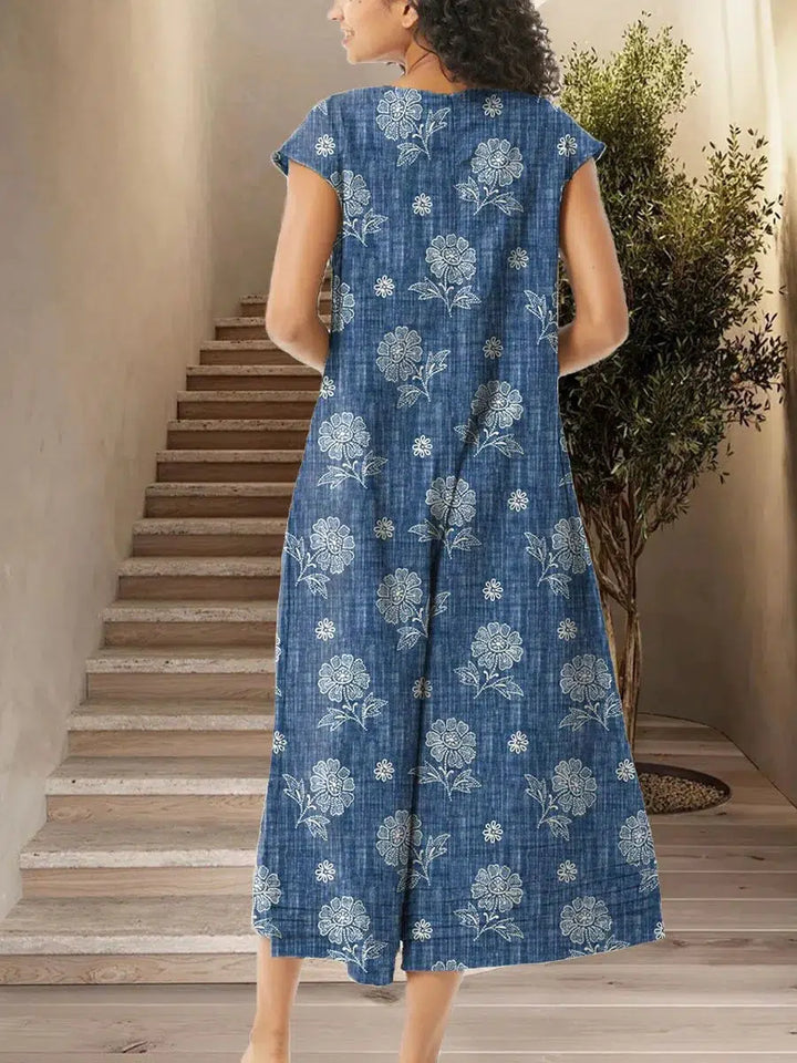 Chic Blue Floral Print Wide Leg Jumpsuit